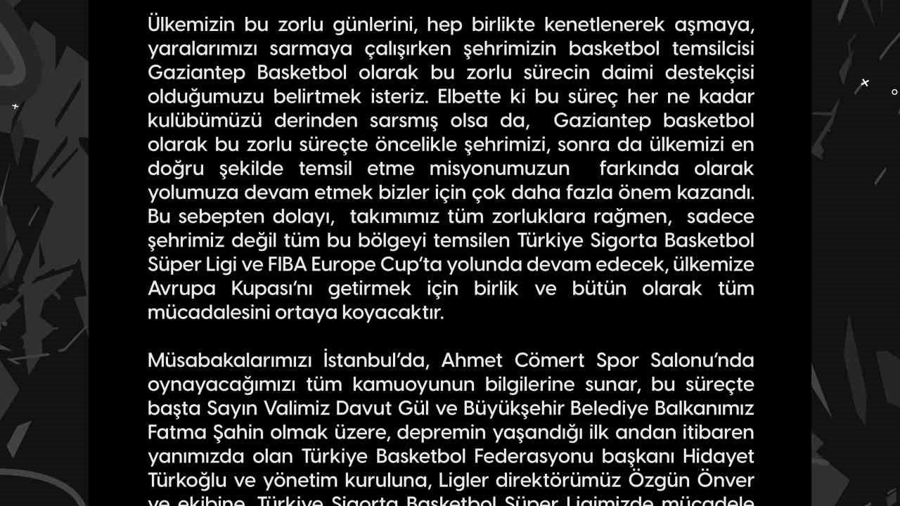 Gaziantep Basketbol Takımı, BSL ve FIBA Europe Cup’ta yola devam kararı aldı