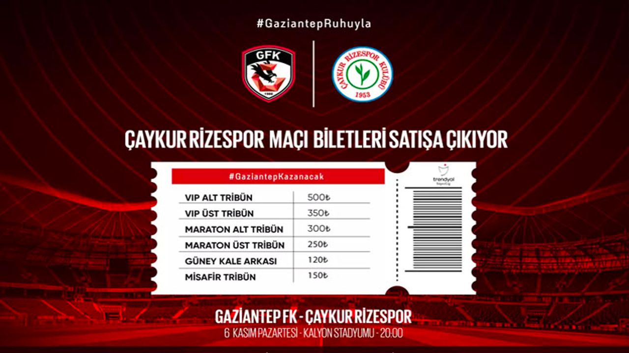 Gaziantep FK'nın Süper Lig'in 11. haftasında konuk edeceği Çaykur Rizespor maçı biletleri satışa çıktı