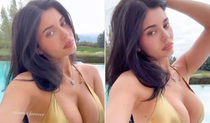 Kylie Jenner'ın havuz başı pozları! Bikinisi küçük geldi
