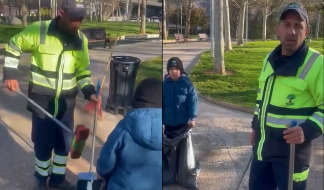 Gaziantep'te küçük oğluyla birlikte çalışan temizlik işçisi duygulandırdı
