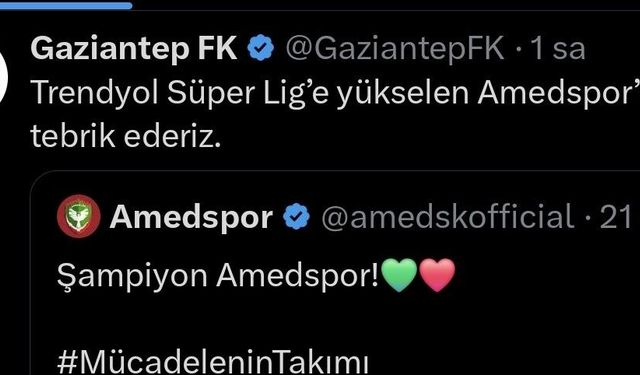 Gaziantep FK da Amedspor için tebrik paylaşımı yaptı.