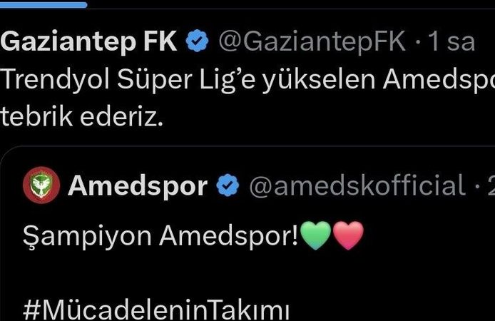 Gaziantep FK da Amedspor için tebrik paylaşımı yaptı.