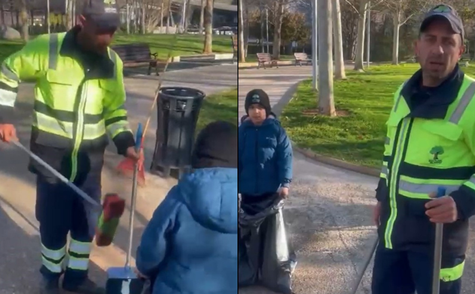 Gaziantep'te küçük oğluyla birlikte çalışan temizlik işçisi duygulandırdı