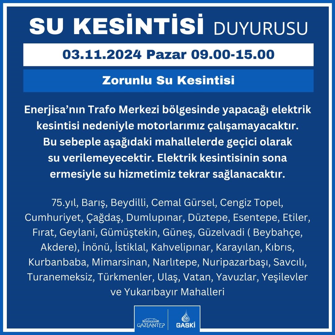 Elektri̇kte Yaşanacak Aksakliktan Dolayi Bazi Mahallelerde Su Kesi̇nti̇si̇ Yapilacak