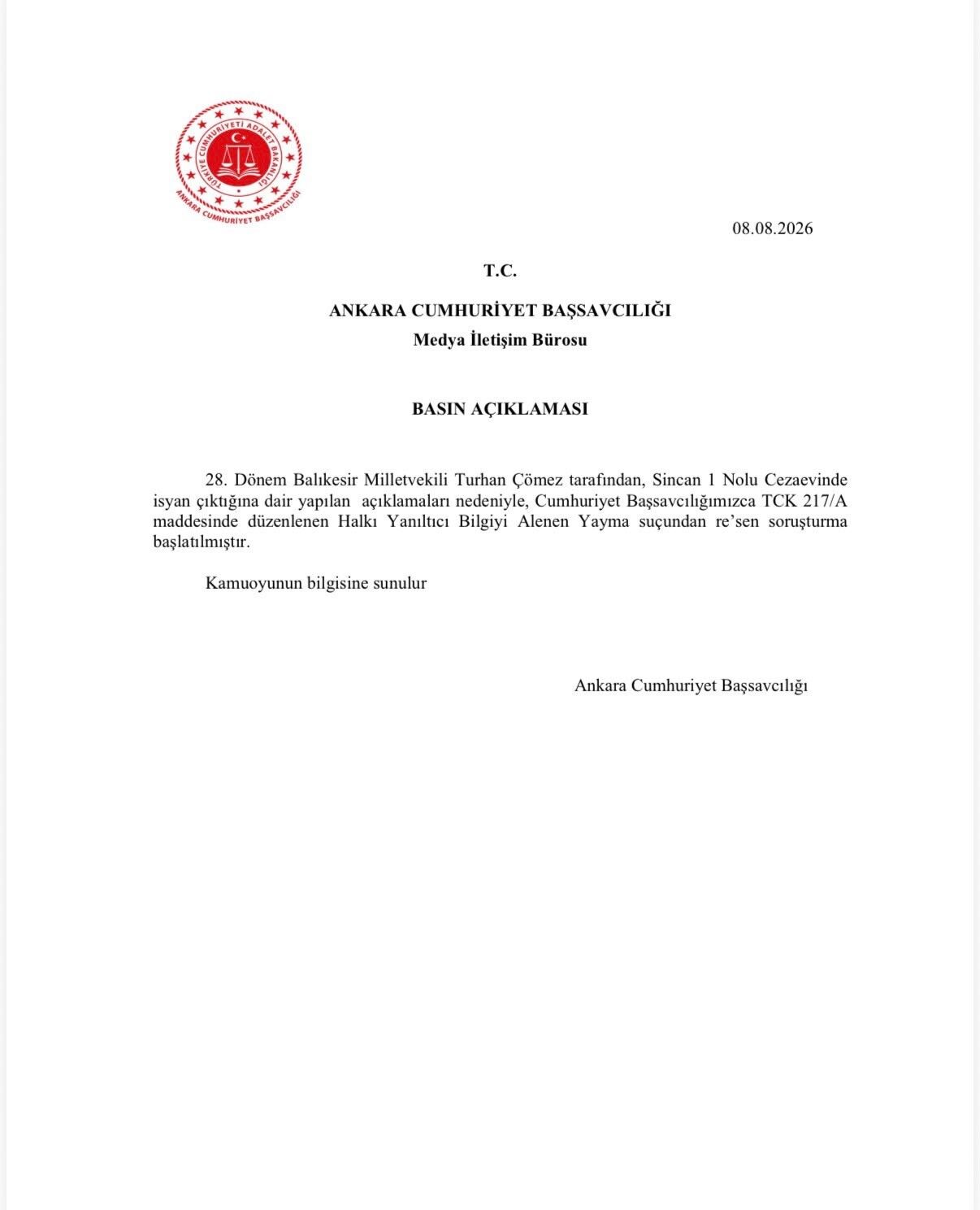 İyi̇ Parti Balıkesir Milletvekili Çömez Hakkında Soruşturma Başlatıldı
